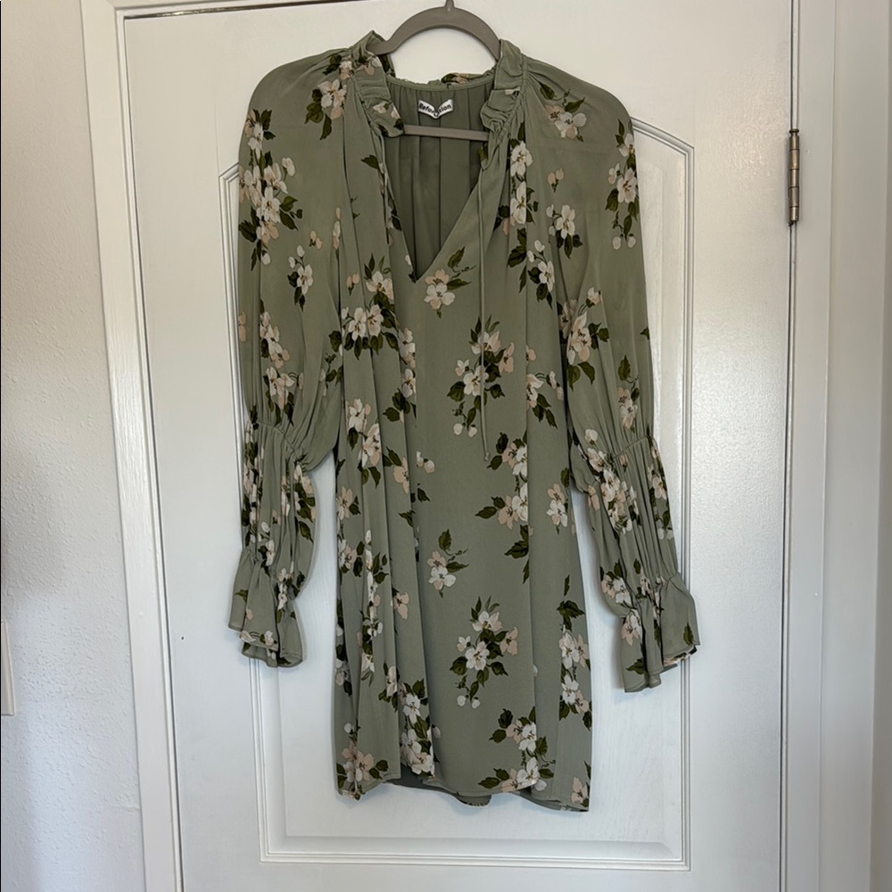 REFORMATION Floral Mini Princess Long Sleeve Green Dress